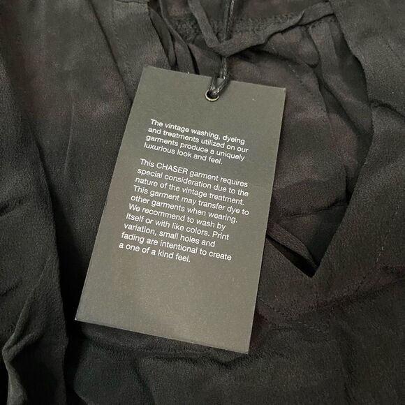 Chaser Dress Womens Medium Black Silk Mini Tie Front Shirred Cuffed Sleeves NWT - Picture 12 of 12